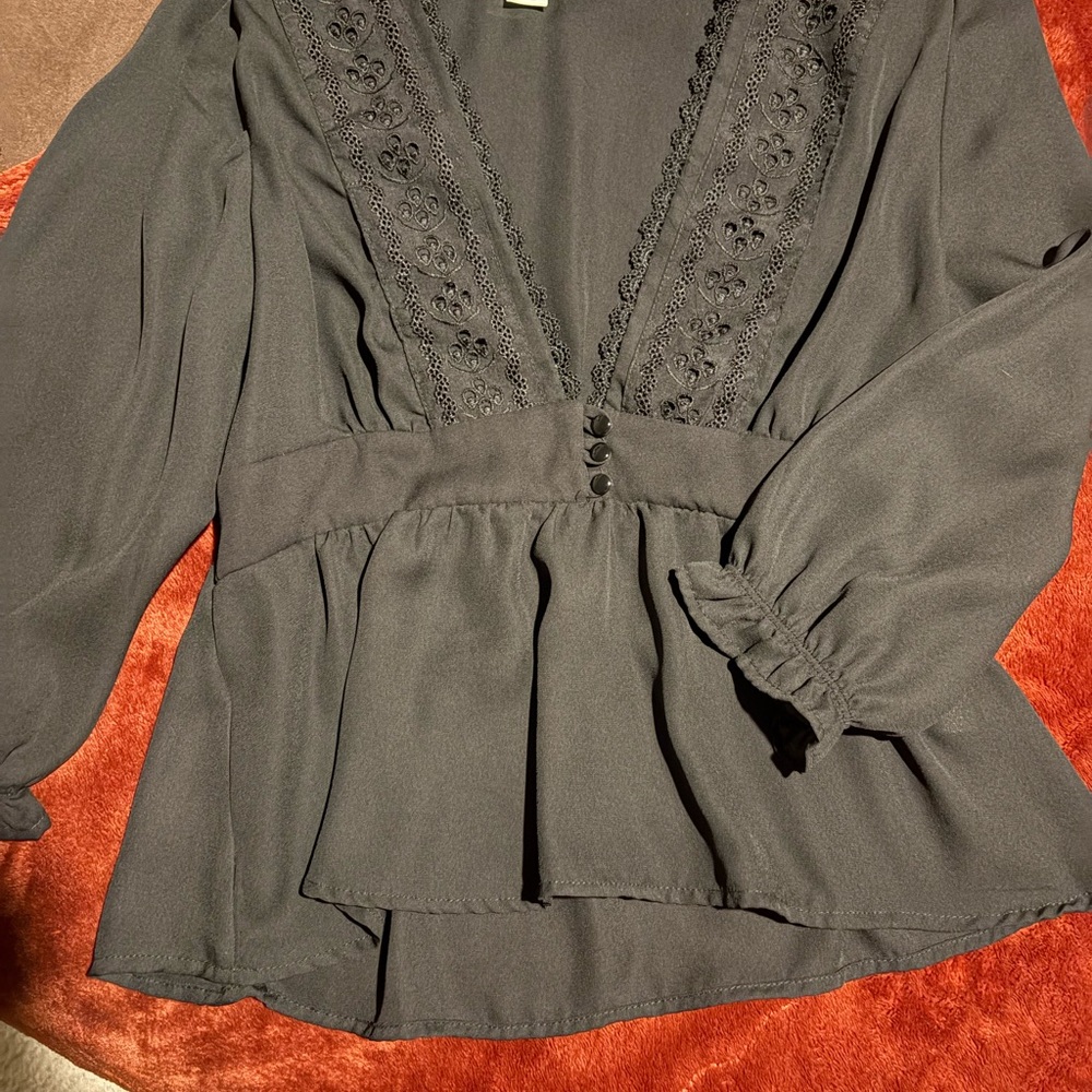 Monteau Black Lace-Trim Peplum Top